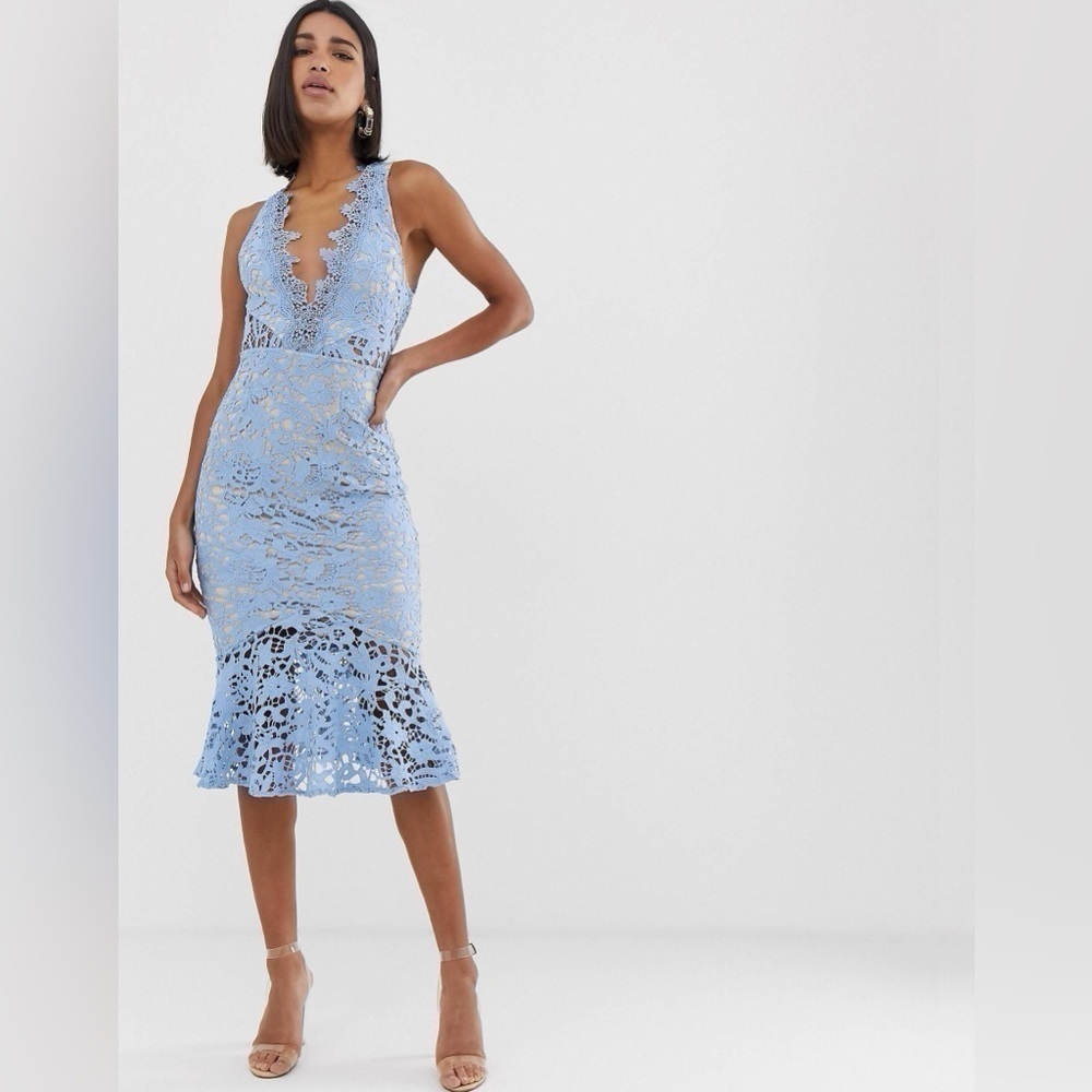 Lace Plunge Midi Dress in Light Blue